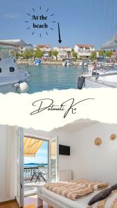 a collage of two pictures of a bedroom on a boat at Apartment and Rooms Dalmatiko in Vodice