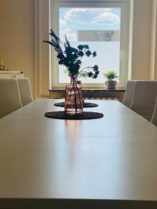 uma mesa com um vaso com uma planta sobre ele em Studio mit Küche em Pirna