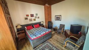 ein Schlafzimmer mit einem Bett, einem TV und einem Stuhl in der Unterkunft Villa Meretare in Toila