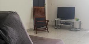 een woonkamer met een televisie en een stoel bij VILLA CREOLE in Gourbeyre