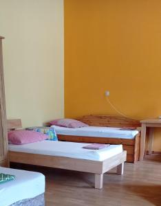 2 camas en una habitación con paredes amarillas en Großer Schlafraum in ehemaliger Schule, en Raiding