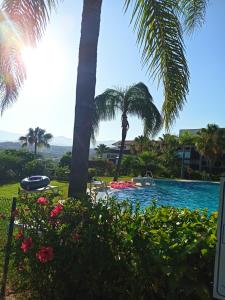 una piscina con palme e un resort di Beach Apartment Puerto Banus Marbella a Estepona