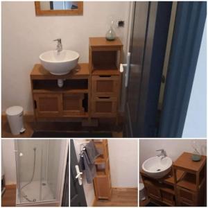 two pictures of a bathroom with a sink and a shower at Le petite maison du Crembreux in Marquise