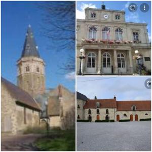 two pictures of a building with a clock tower at Le petite maison du Crembreux in Marquise