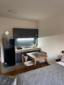 Zimmer mit einer Küche, einem Tisch und einem Bett in der Unterkunft Studio Ivy in Vrnjačka Banja