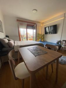 ein Wohnzimmer mit einem Bett, einem Tisch und einem Sofa in der Unterkunft Studio Ivy in Vrnjačka Banja