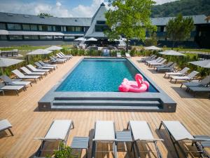 a swimming pool with a pink swan in the middle at Miura in Voglans