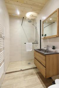 La salle de bains est pourvue d'une douche et d'un lavabo. dans l'établissement Résidence du Brévent - Chamonix Village, à Chamonix-Mont-Blanc