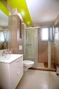 La salle de bains est pourvue d'une douche, de toilettes et d'un lavabo. dans l'établissement Daška Apartmani, à Njivice