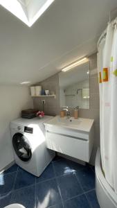 a bathroom with a washing machine and a sink at Apartmans and Rooms Madunic M in Split