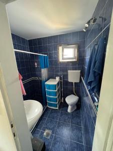 a blue tiled bathroom with a toilet and a sink at Studio Biki in Banja Koviljača