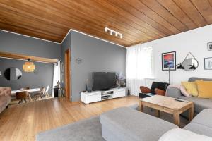 uma sala de estar com um sofá e uma televisão em Family house with garden, Hot Tub Near Reykjavík em Garðabær
