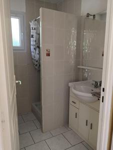 y baño blanco con lavabo y ducha. en CAMPING HERMITAGE DES 4 SAISONS, en Saint-Julien-de-Bourdeilles