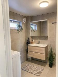 a bathroom with a sink and a mirror at Beautiful apartment near forest, sea and city in Sandefjord