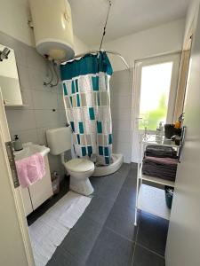 y baño con aseo y cortina de ducha. en Apartment SEAGULL, en Igrane