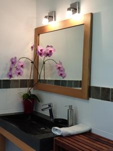 a bathroom with a sink with a mirror and flowers at Les Coeurs d'Amants in Saint-Joseph