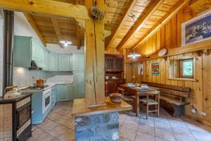 a large kitchen with wooden walls and wooden ceiling at Baita Girasole Val Veny in Courmayeur