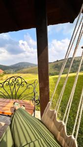 una persona sentada en una hamaca mirando hacia un campo en Vikendica Gradina Zlatibor en Čajetina