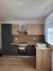 a kitchen with wooden cabinets and a stove at Apartment Dado in Slunj