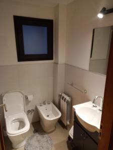 La salle de bains est pourvue de toilettes, d'un lavabo et d'un miroir. dans l'établissement Hermoso Departamento Céntrico en San Martin de los Andes, à San Martín de los Andes