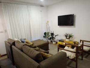 sala de estar con sofá y TV de pantalla plana en Hermoso Departamento Céntrico en San Martin de los Andes en San Martín de los Andes