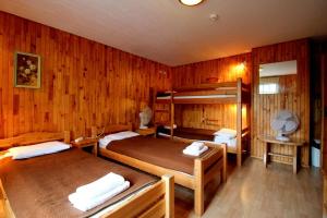 two beds in a room with wooden walls at Pie Jāņa Brāļa in Liepāja