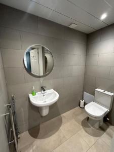 a bathroom with a sink and a toilet and a mirror at Arrandale Guest House in Edinburgh