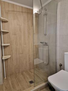 y baño con ducha y puerta de cristal. en SKG City Loft en Tesalónica