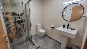 een badkamer met een toilet, een wastafel en een spiegel bij Boutique Global in Braşov