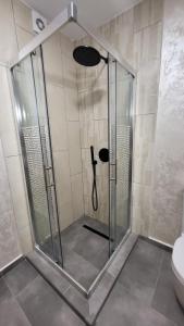 een douchecabine in een badkamer met een toilet bij Boutique Global in Braşov