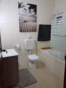 a bathroom with a toilet and a picture on the wall at Cosy 3 bedroom apartment calm and landscape view in Praia