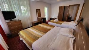 a hotel room with two beds and a flat screen tv at Boutique Global in Braşov