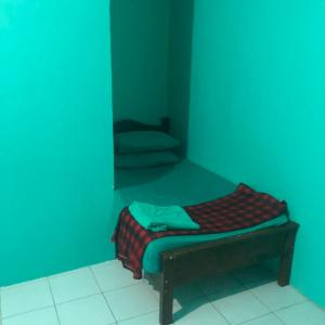 een klein bed in een blauwe kamer met een spiegel bij faTuur Inn in Male City