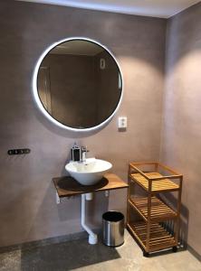 a bathroom with a sink and a mirror at Söderåsens Skafferi - Logi in Ljungbyhed