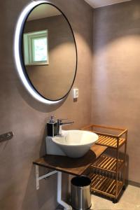 a bathroom with a sink and a mirror at Söderåsens Skafferi - Logi in Ljungbyhed