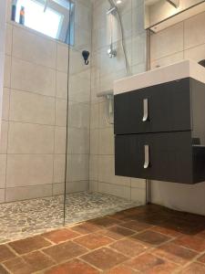 a bathroom with a shower with a black cabinet at Studio avec terrasse et parking au Mans in Le Mans +18 photos