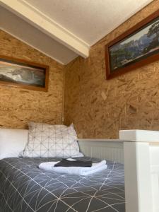 a bed in a room with a wooden wall at Studio avec terrasse et parking au Mans in Le Mans