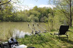 a set of fishing poles and a chair next to a lake at Les Chalets Du Moulin Du Châtain 3 in Payzac