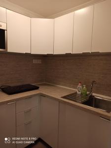 a kitchen with white cabinets and a sink at Hársfaapartman és vendégház in Gyula