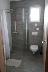 a bathroom with a shower and a toilet at Siesta Srebrno Jezero in Veliko Gradište