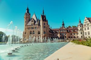 a castle with a fountain in front of a building at Apartament Premium Moszna in Moszna