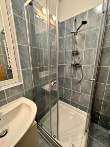 y baño con ducha y lavamanos. en S3 Residences Ilka Studio Serviced Cozy Appartment, en Budapest