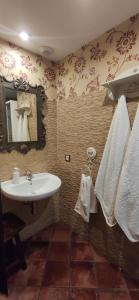 a bathroom with a sink and a mirror and towels at Entrada Río Lobos in Hontoria del Pinar