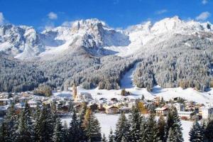 una ciudad en la nieve con montañas en el fondo en Cirmolo Val Comelico Comfortable e Spacious, en Padola