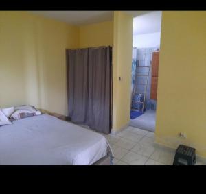 um quarto com uma cama e uma cortina de chuveiro em Villannéva Calme et Spacieuse avec piscine em Ducos