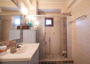 y baño con ducha, lavamanos y ducha. en Alex & Billy House by Travel Pro Services - Nea Flogita Halkidiki, en Zográfos