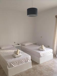 Duas camas num quarto com paredes brancas em Iliachtida apartments em Filótion