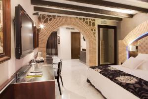 a bedroom with a bed and a desk with a television at Pintor El Greco in Toledo +137 photos