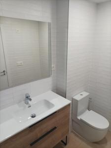 uma casa de banho com um lavatório, um WC e um espelho. em Residencial El Trenet 2A em Benicàssim