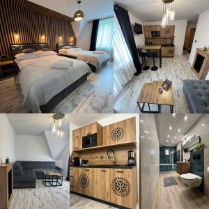 波罗宁Apartament KALINA - Ostoya Twoya的四幅酒店客房图,配有两张床和一间厨房